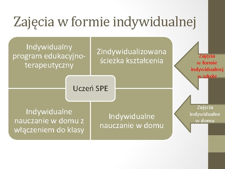 Zajęcia w formie indywidualnej Indywidualny program edukacyjno- terapeutyczny Zindywidualizowana ścieżka kształcenia Zajęcia w formie