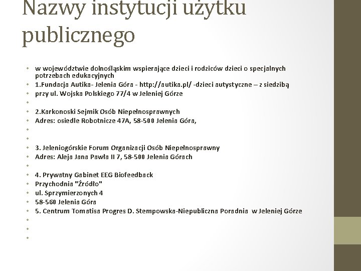 Nazwy instytucji użytku publicznego • w województwie dolnośląskim wspierające dzieci i rodziców dzieci o