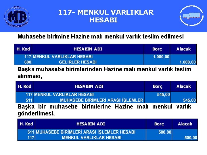117 - MENKUL VARLIKLAR HESABI Muhasebe birimine Hazine malı menkul varlık teslim edilmesi Başka