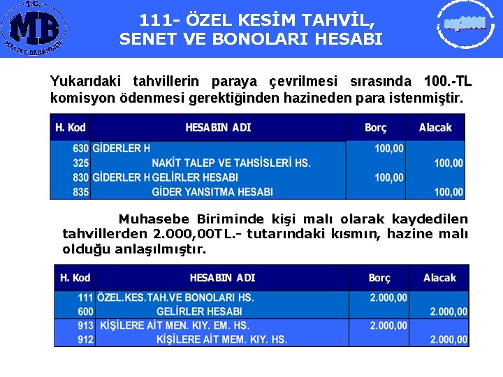 111 - ÖZEL KESİM TAHVİL, SENET VE BONOLARI HESABI Yukarıdaki tahvillerin paraya çevrilmesi sırasında