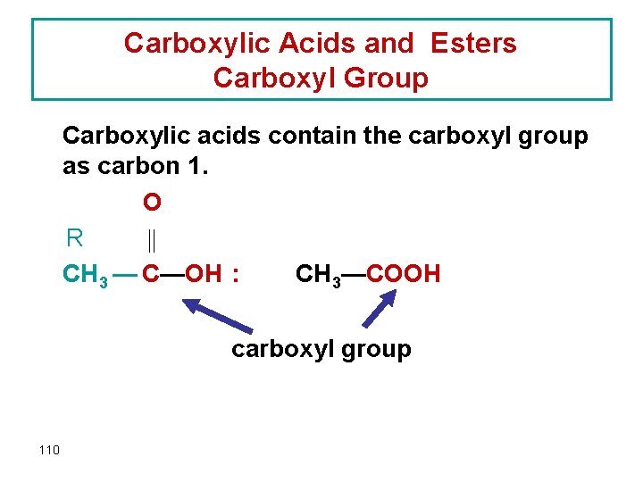 Carboxylic Acids and Esters Carboxyl Group Carboxylic acids contain the carboxyl group as carbon