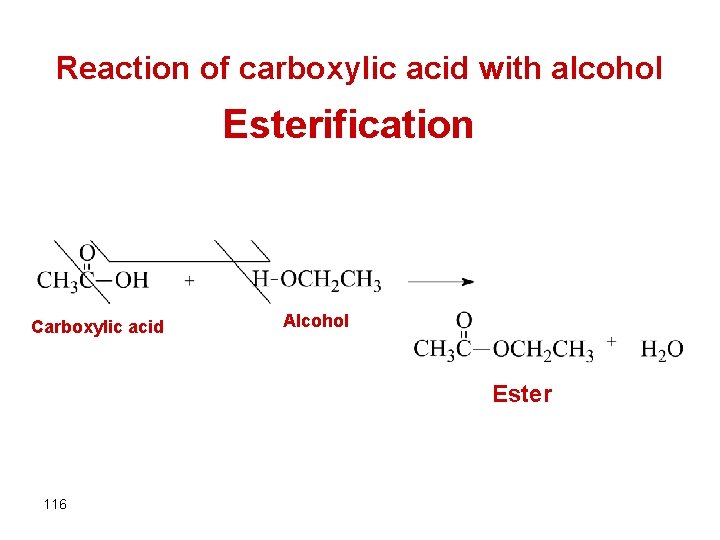 Reaction of carboxylic acid with alcohol Esterification Carboxylic acid Alcohol Ester 116 