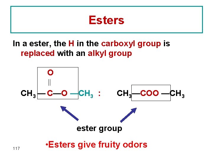 Esters In a ester, the H in the carboxyl group is replaced with an
