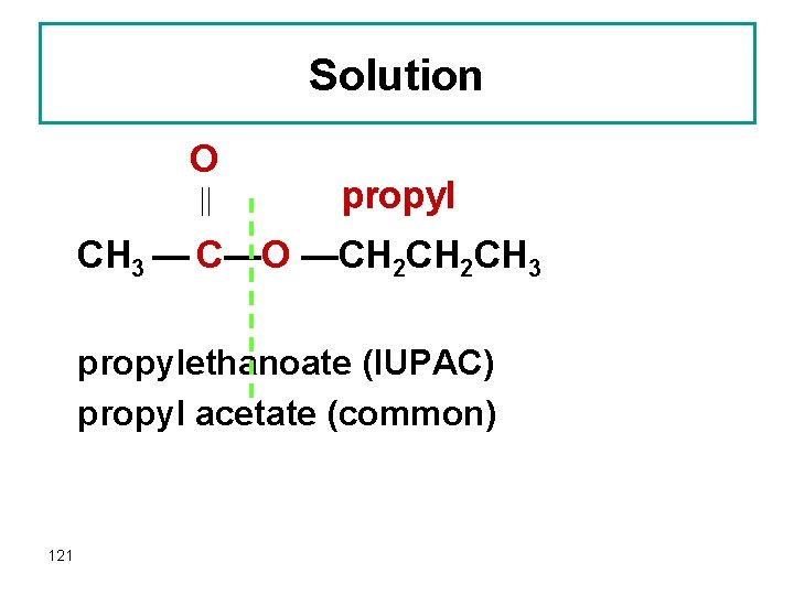 Solution O propyl CH 3 — C—O —CH 2 CH 3 propylethanoate (IUPAC) propyl