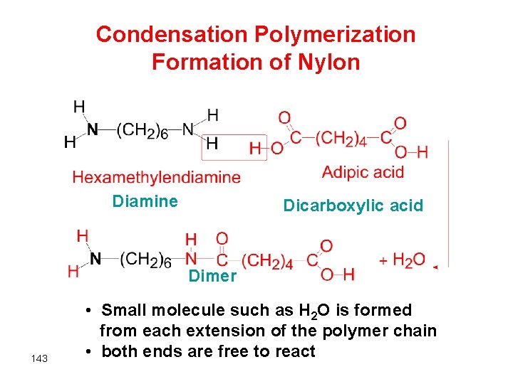 Condensation Polymerization Formation of Nylon Diamine Dicarboxylic acid Dimer 143 • Small molecule such