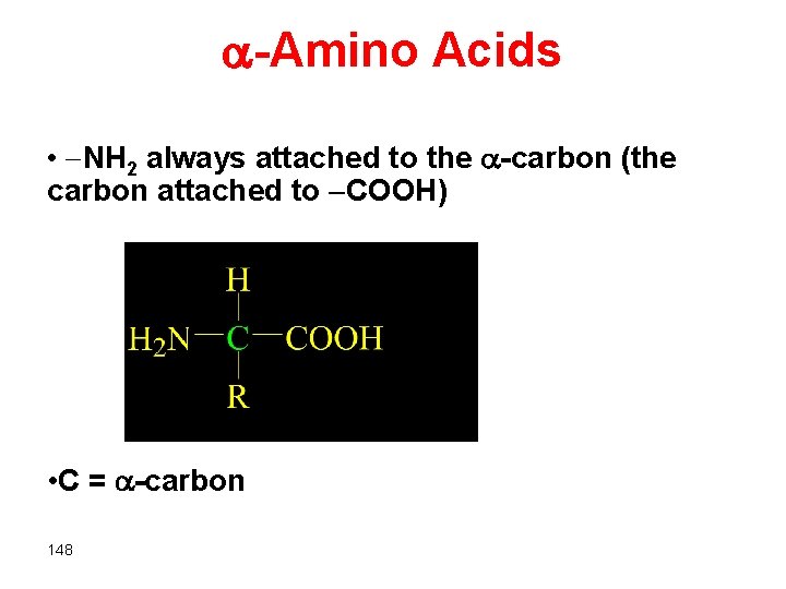  -Amino Acids • NH 2 always attached to the -carbon (the carbon attached