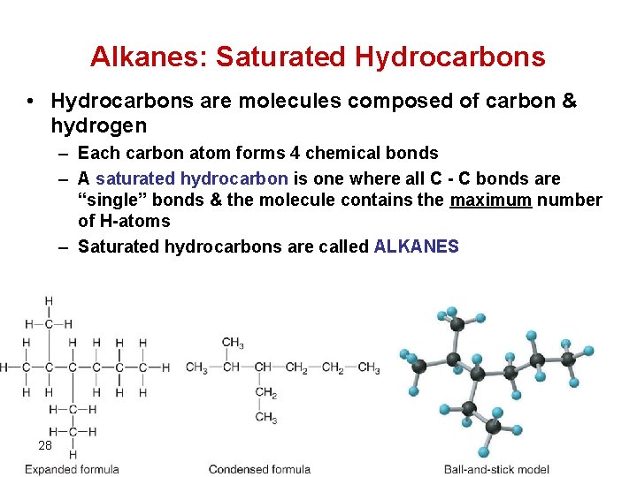 Alkanes: Saturated Hydrocarbons • Hydrocarbons are molecules composed of carbon & hydrogen – Each