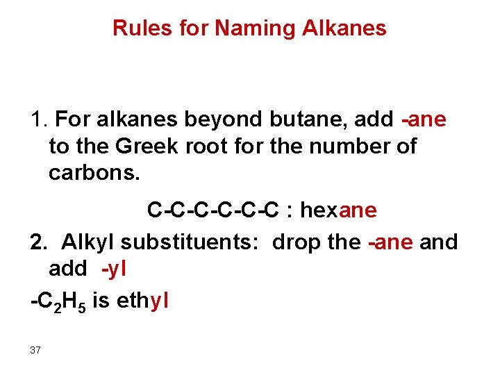 Rules for Naming Alkanes 1. For alkanes beyond butane, add -ane to the Greek