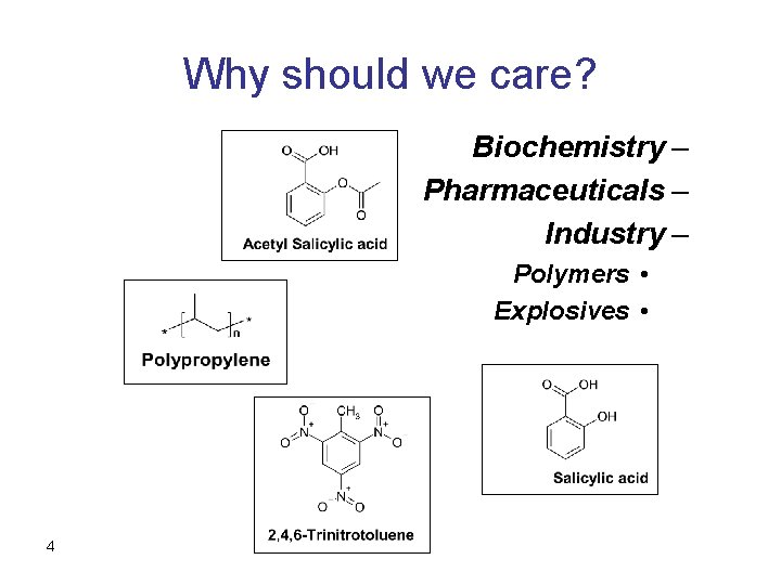 Why should we care? Biochemistry – Pharmaceuticals – Industry – Polymers • Explosives •