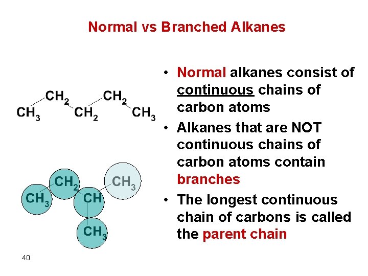 Normal vs Branched Alkanes • Normal alkanes consist of continuous chains of carbon atoms
