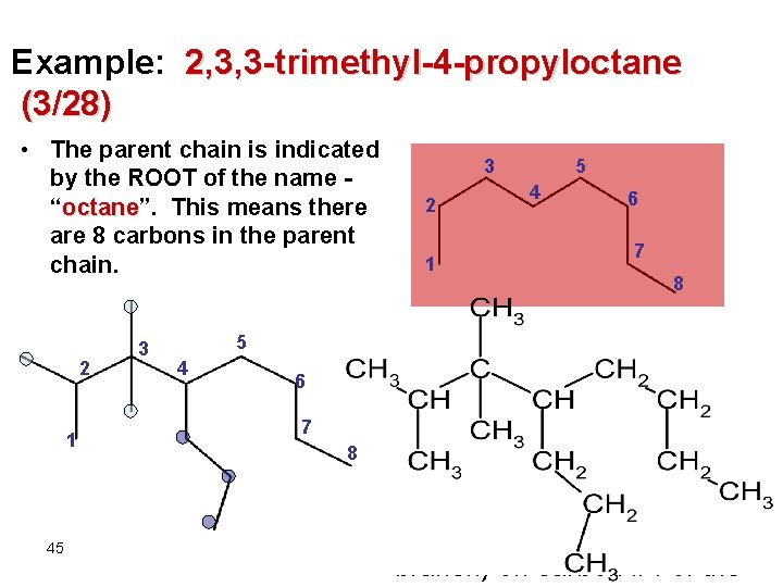 Example: 2, 3, 3 -trimethyl-4 -propyloctane (3/28) • The parent chain is indicated by