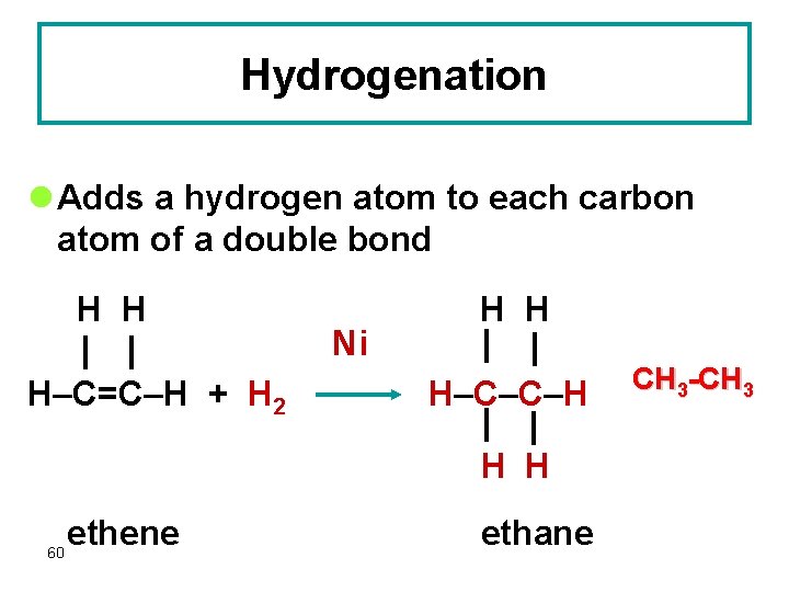 Hydrogenation l Adds a hydrogen atom to each carbon atom of a double bond