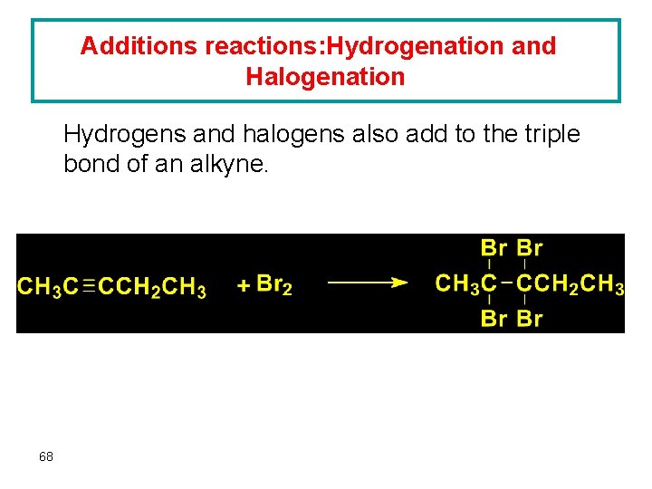 Additions reactions: Hydrogenation and Halogenation Hydrogens and halogens also add to the triple bond