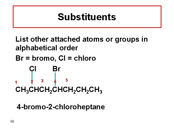 Substituents List other attached atoms or groups in alphabetical order Br = bromo, Cl