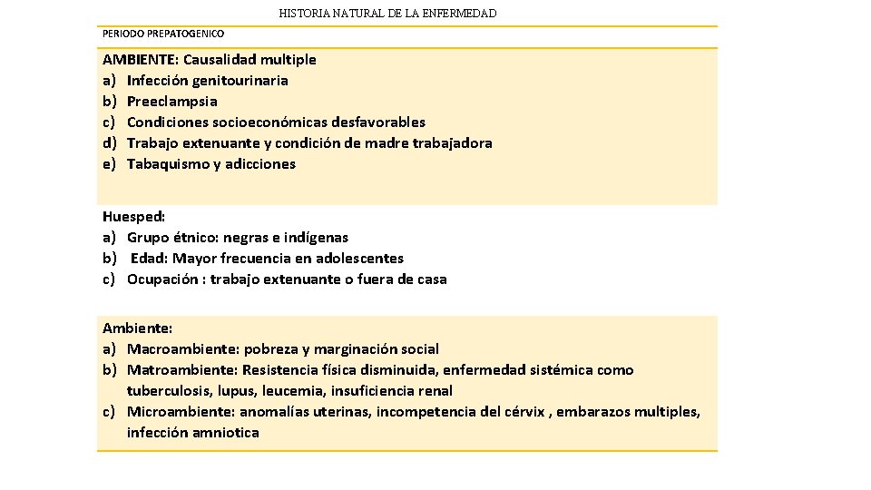 HISTORIA NATURAL DE LA ENFERMEDAD PERIODO PREPATOGENICO AMBIENTE: Causalidad multiple a) Infección genitourinaria b)