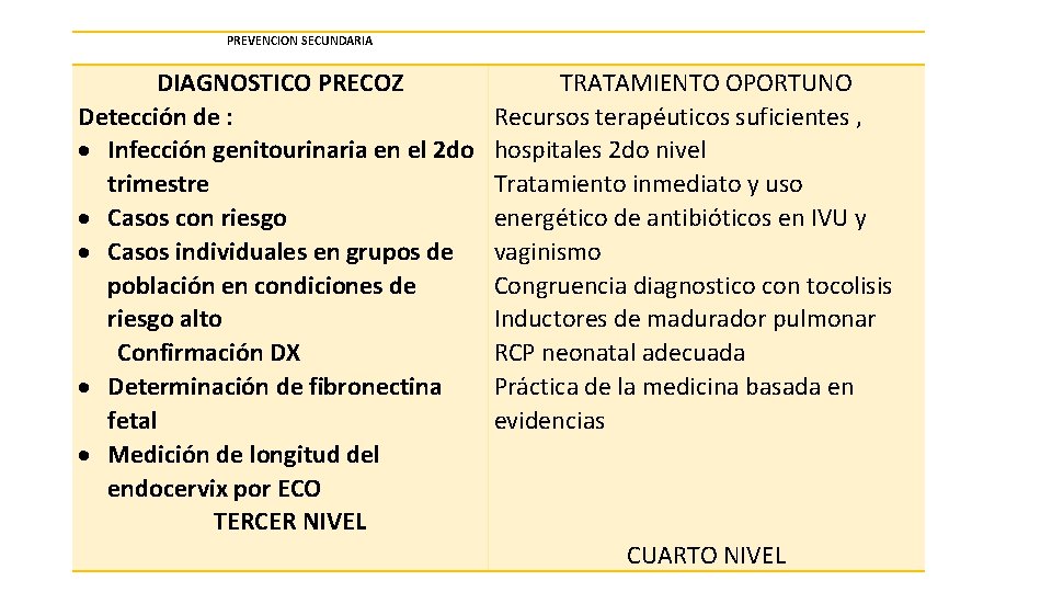  PREVENCION SECUNDARIA DIAGNOSTICO PRECOZ Detección de : Infección genitourinaria en el 2 do