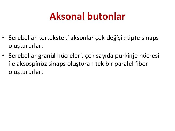 Aksonal butonlar • Serebellar korteksteki aksonlar çok değişik tipte sinaps oluştururlar. • Serebellar granül