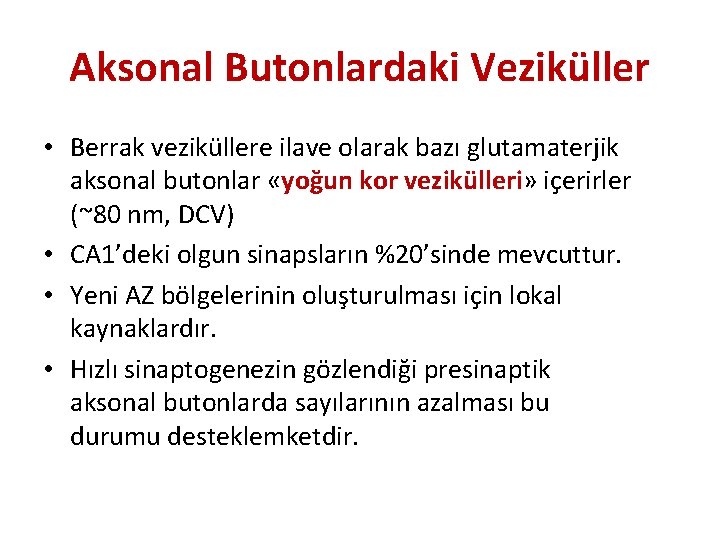 Aksonal Butonlardaki Veziküller • Berrak veziküllere ilave olarak bazı glutamaterjik aksonal butonlar «yoğun kor