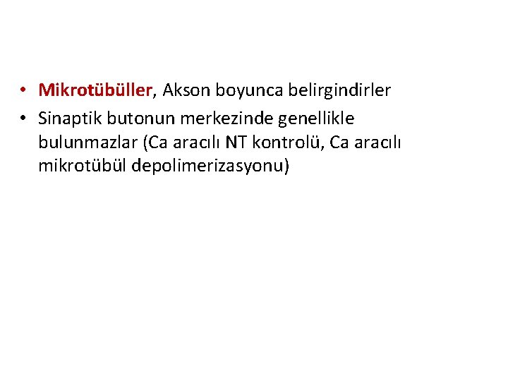  • Mikrotübüller, Akson boyunca belirgindirler • Sinaptik butonun merkezinde genellikle bulunmazlar (Ca aracılı