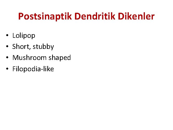 Postsinaptik Dendritik Dikenler • • Lolipop Short, stubby Mushroom shaped Filopodia-like 