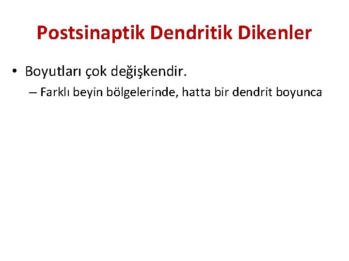 Postsinaptik Dendritik Dikenler • Boyutları çok değişkendir. – Farklı beyin bölgelerinde, hatta bir dendrit