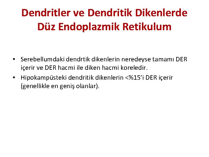 Dendritler ve Dendritik Dikenlerde Düz Endoplazmik Retikulum • Serebellumdaki dendrtik dikenlerin neredeyse tamamı DER