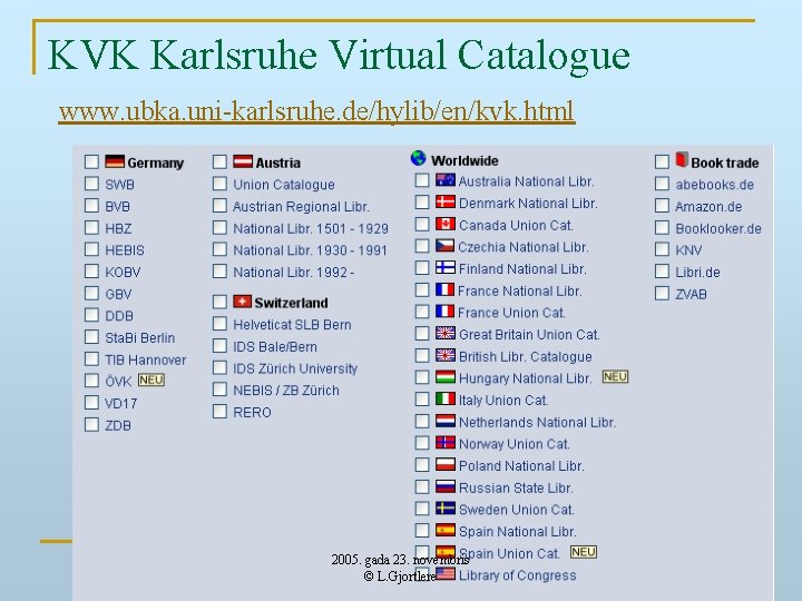 KVK Karlsruhe Virtual Catalogue www. ubka. uni-karlsruhe. de/hylib/en/kvk. html 2005. gada 23. novembris ©