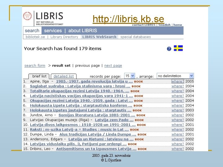 http: //libris. kb. se 2005. gada 23. novembris © L. Gjortlere 