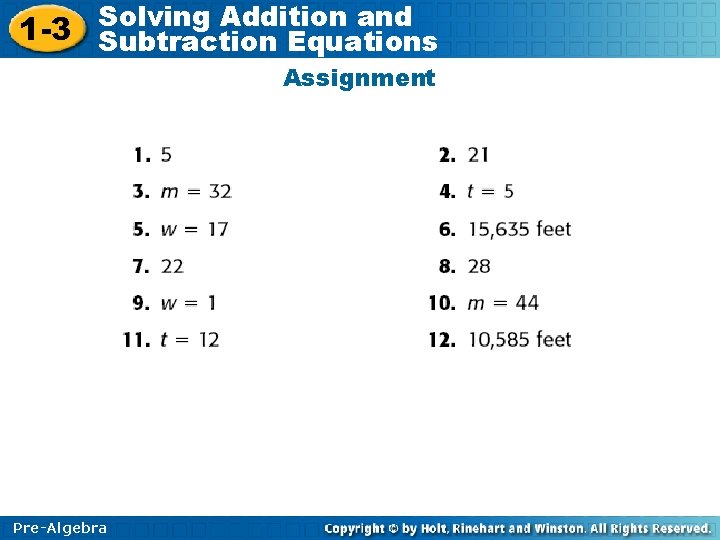 Solving Addition and 1 -3 Subtraction Equations Assignment Pre-Algebra 