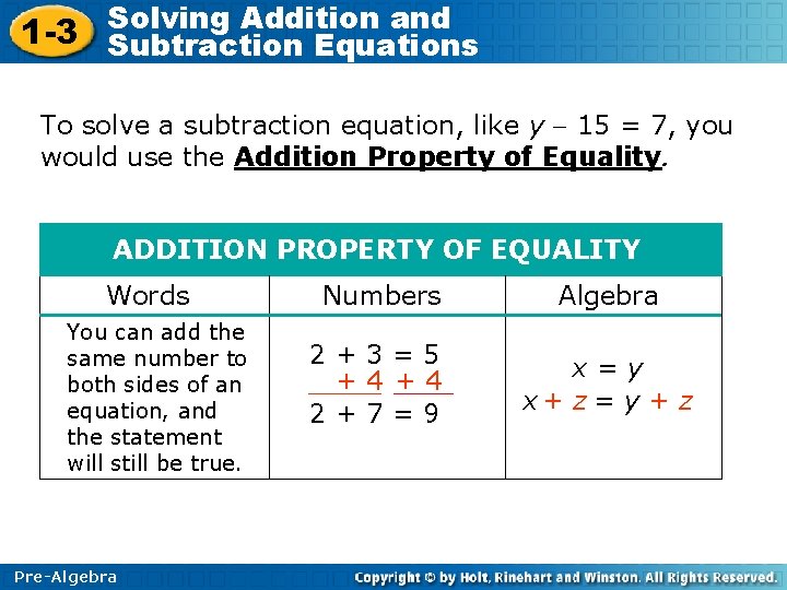 Solving Addition and 1 -3 Subtraction Equations To solve a subtraction equation, like y