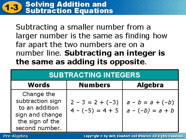 Solving Addition and 1 -3 Subtraction Equations Subtracting a smaller number from a larger