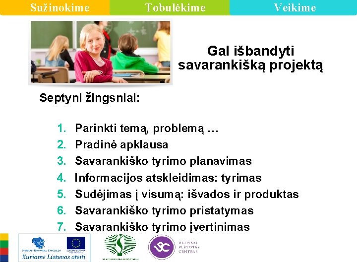Sužinokime Tobulėkime Veikime Gal išbandyti savarankišką projektą Septyni žingsniai: 1. 2. 3. 4. 5.