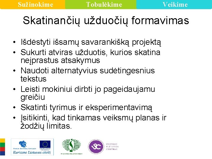 Sužinokime Tobulėkime Veikime Skatinančių užduočių formavimas • Išdėstyti išsamų savarankišką projektą • Sukurti atviras