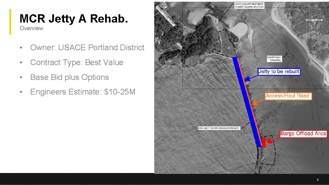 MCR Jetty A Rehab. Overview • Owner: USACE Portland District • Contract Type: Best