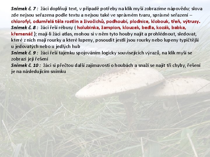 Snímek č. 7 : žáci doplňují text, v případě potřeby na klik myší zobrazíme