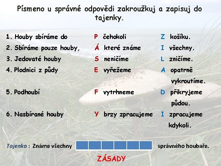 Písmeno u správné odpovědi zakroužkuj a zapisuj do tajenky. 1. Houby sbíráme do P