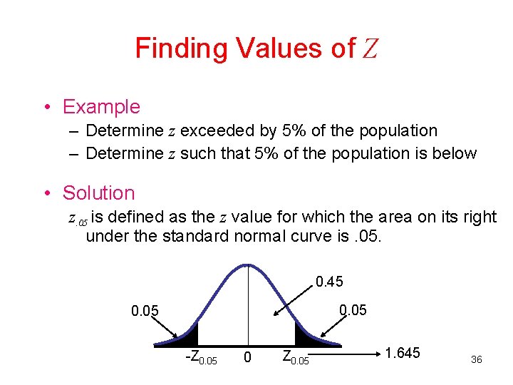 Finding Values of Z • Example – Determine z exceeded by 5% of the