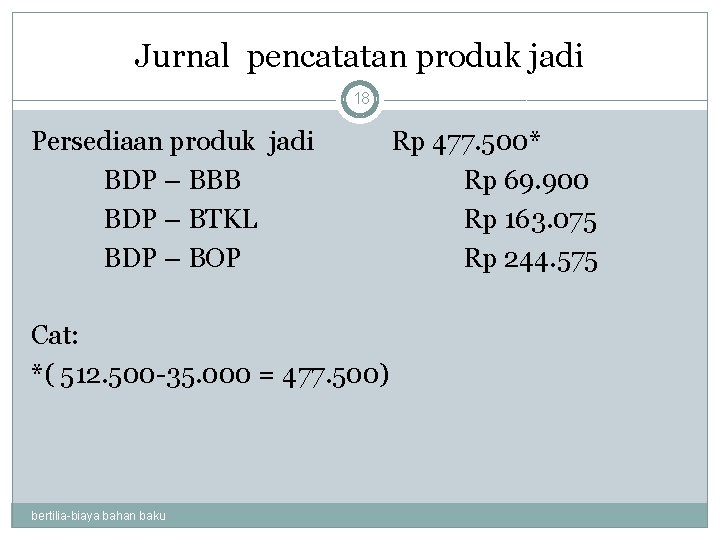 Jurnal pencatatan produk jadi 18 Persediaan produk jadi BDP – BBB BDP – BTKL