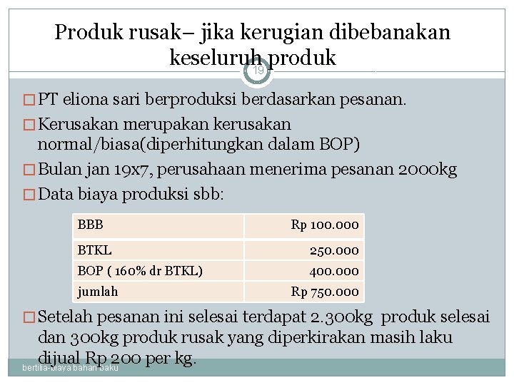 Produk rusak– jika kerugian dibebanakan keseluruh produk 19 � PT eliona sari berproduksi berdasarkan