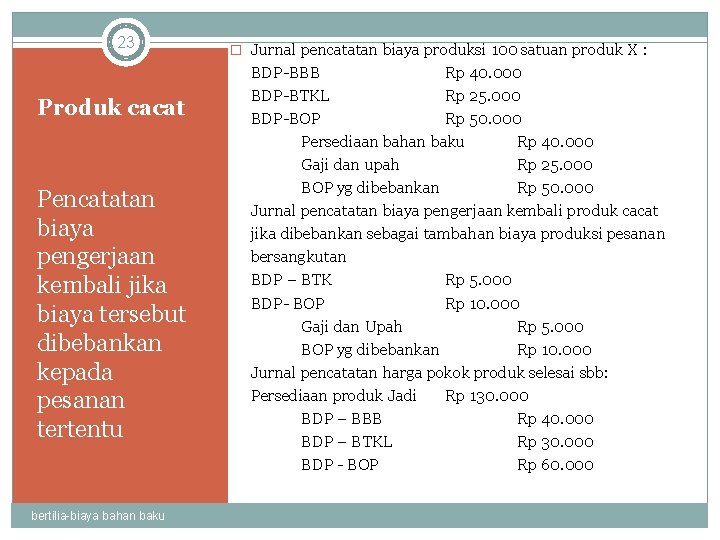 23 Produk cacat Pencatatan biaya pengerjaan kembali jika biaya tersebut dibebankan kepada pesanan tertentu
