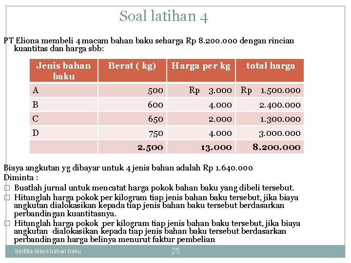 Soal latihan 4 PT Eliona membeli 4 macam bahan baku seharga Rp 8. 200.