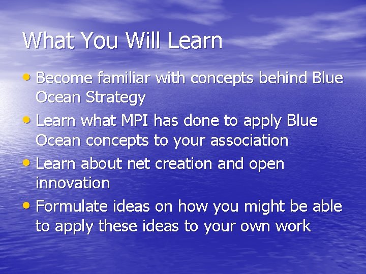 What You Will Learn • Become familiar with concepts behind Blue Ocean Strategy •