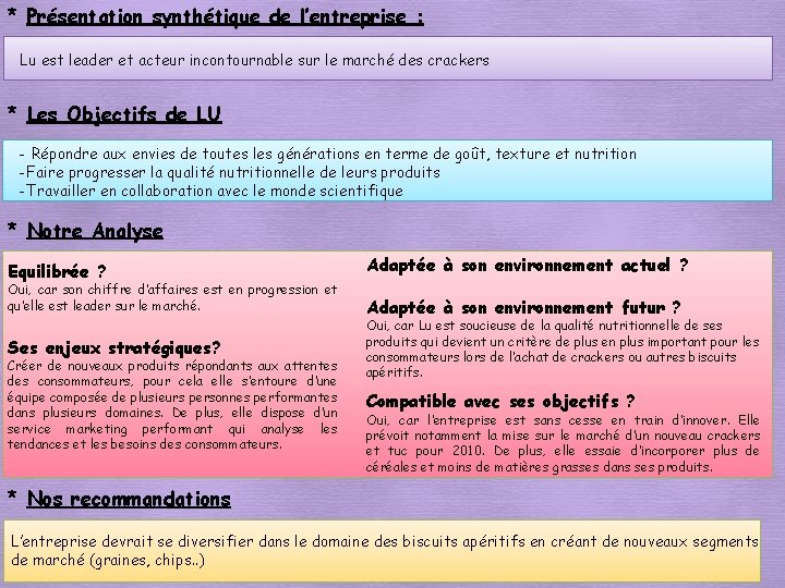 * Présentation synthétique de l’entreprise : Lu est leader et acteur incontournable sur le