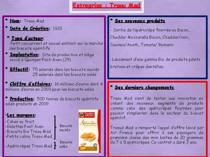 Entreprise : Traou Mad * Nom: Traou Mad * Ses nouveaux produits * Date