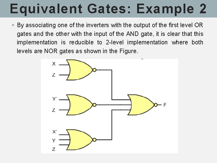 Equivalent Gates: Example 2 § By associating one of the inverters with the output Equivalent Gates: Example 2 § By associating one of the inverters with the output