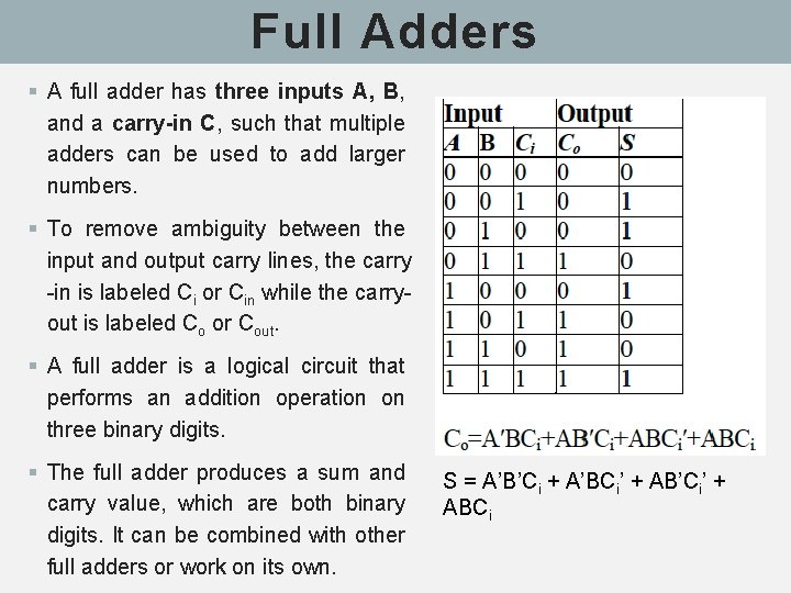 Full Adders § A full adder has three inputs A, B, and a carry-in Full Adders § A full adder has three inputs A, B, and a carry-in