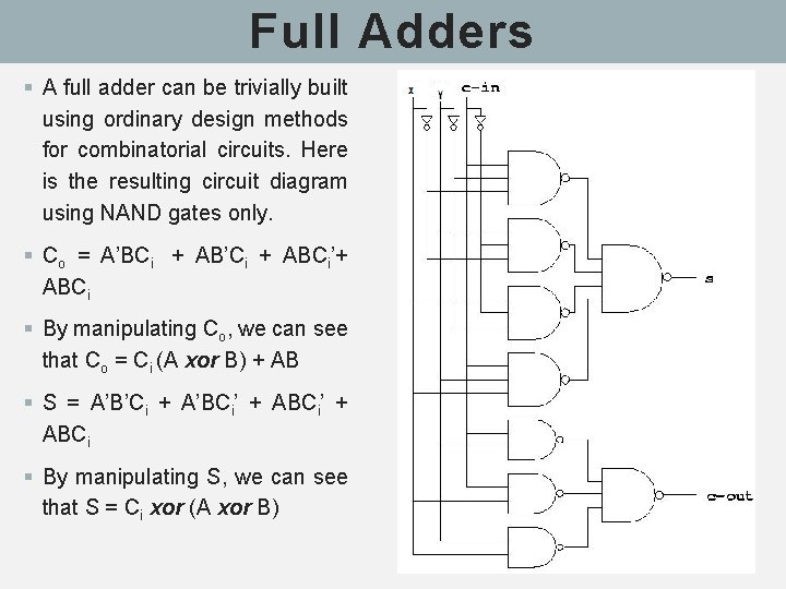 Full Adders § A full adder can be trivially built using ordinary design methods Full Adders § A full adder can be trivially built using ordinary design methods