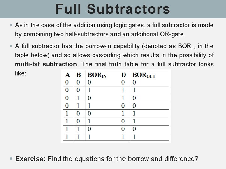 Full Subtractors § As in the case of the addition using logic gates, a Full Subtractors § As in the case of the addition using logic gates, a