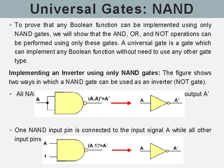 Universal Gates: NAND § To prove that any Boolean function can be implemented using Universal Gates: NAND § To prove that any Boolean function can be implemented using