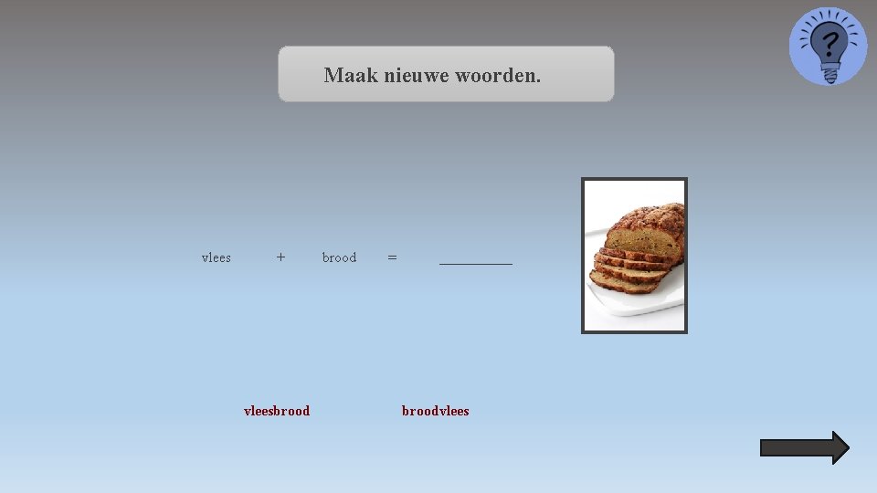 Maak nieuwe woorden. vlees + vleesbrood = _____ broodvlees 